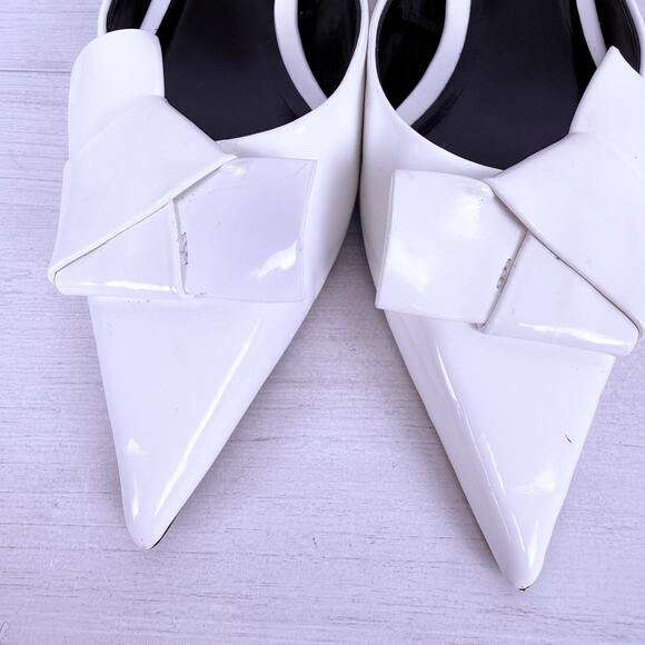 Zara Pointed Toe Patent Leather Pumps Kitten Heels Size 8 White Bow Detail - Picture 11 of 15
